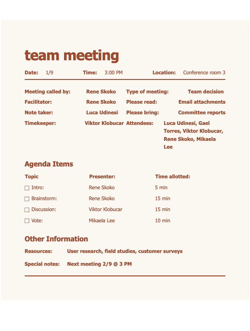 Team meeting agenda informal - Casual team meeting agenda with checkboxes for brainstorming, discussions, and voting sessions